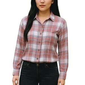 American Eagle Cropped Plaid Flannel Womens Size Small Button Up Pink White